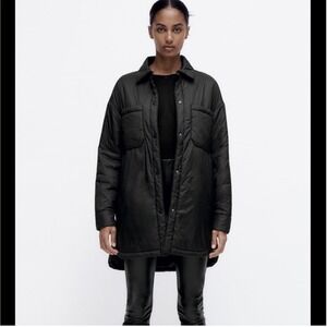 Zara Black Long Puffer Coat Snap Front  Pockets Lightweight Winter Oversized M